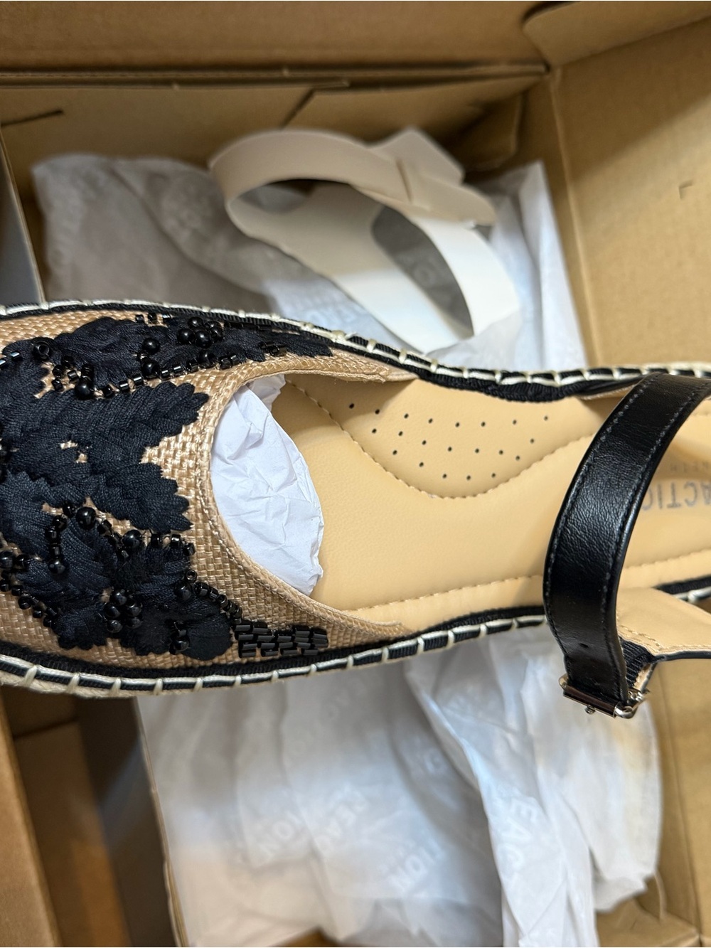 Kenneth Cole Reaction Black and Tan Beaded Lace Espadrille Wedge